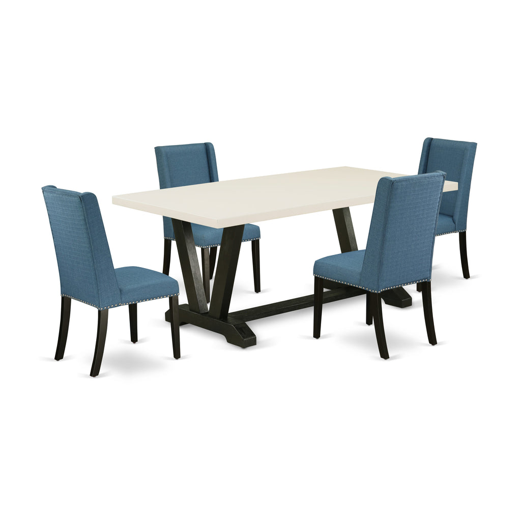 East West Furniture V627FL121-5 5 Piece Dining Table Set for 4 Includes a Rectangle Kitchen Table with V-Legs and 4 Blue Linen Fabric Upholstered Chairs