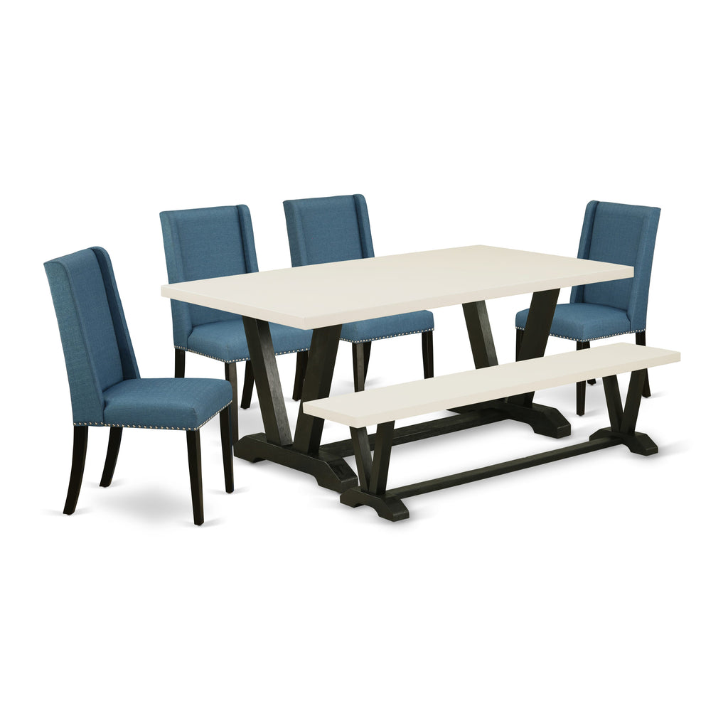 East West Furniture V627FL121-6 6 Piece Kitchen Table & Chairs Set Contains a Rectangle Wooden Table and 4 Blue Linen Fabric Parson Chairs with a Bench