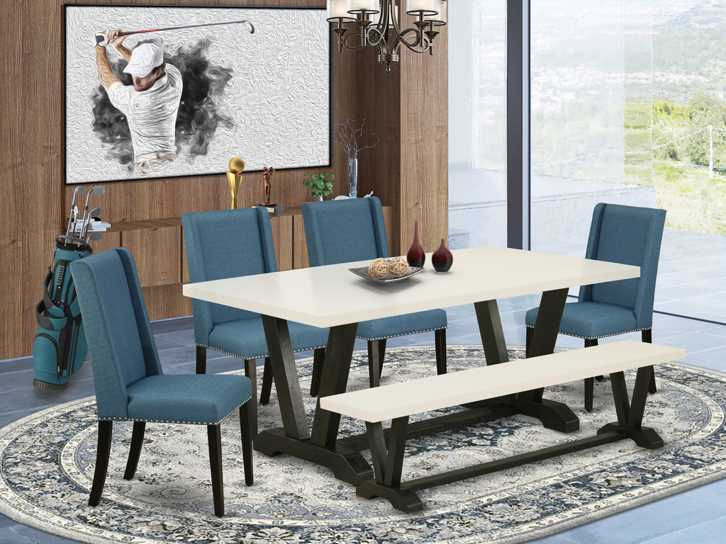 East West Furniture V627FL121-6 6 Piece Kitchen Table & Chairs Set Contains a Rectangle Wooden Table and 4 Blue Linen Fabric Parson Chairs with a Bench