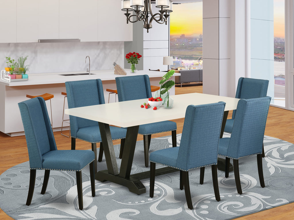 East West Furniture V627FL121-7 7 Piece Kitchen Table & Chairs Set Consist of a Rectangle Dining Room Table with V-Legs and 6 Blue Linen Fabric Parsons Chairs