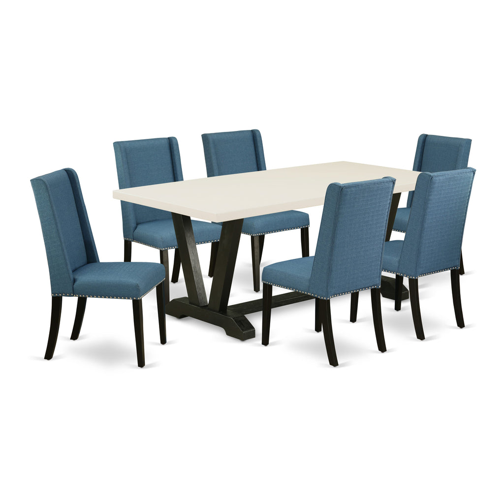 East West Furniture V627FL121-7 7 Piece Kitchen Table & Chairs Set Consist of a Rectangle Dining Room Table with V-Legs and 6 Blue Linen Fabric Parsons Chairs