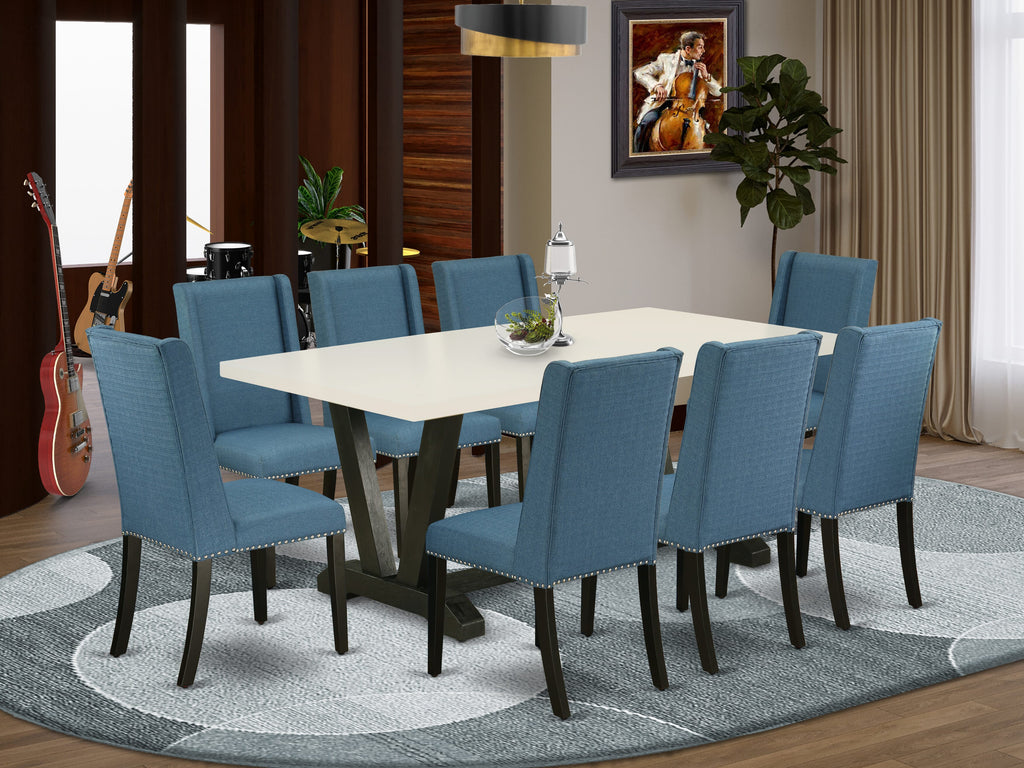 East West Furniture V627FL121-9 9 Piece Dining Table Set Includes a Rectangle Dining Room Table with V-Legs and 8 Blue Linen Fabric Parsons Chairs