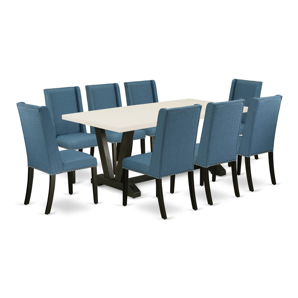 East West Furniture V627FL121-9 9 Piece Dining Table Set Includes a Rectangle Dining Room Table with V-Legs and 8 Blue Linen Fabric Parsons Chairs