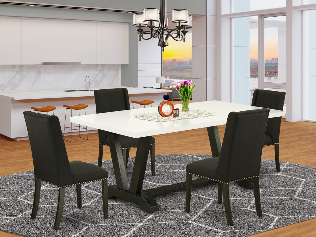 East West Furniture V627FL624-5 5 Piece Kitchen Table & Chairs Set Includes a Rectangle Dining Room Table with V-Legs and 4 Black Linen Fabric Upholstered Chairs