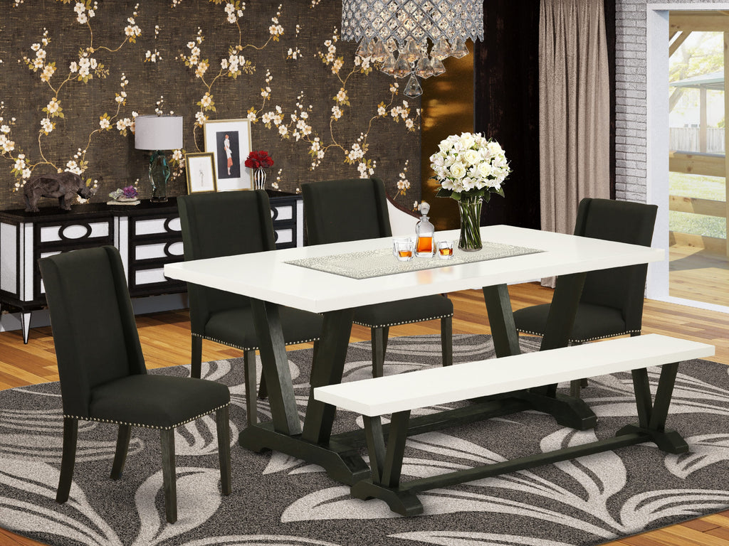 East West Furniture V627FL624-6 6 Piece Dining Room Table Set Contains a Rectangle Kitchen Table with V-Legs and 4 Black Linen Fabric Parson Chairs with a Bench