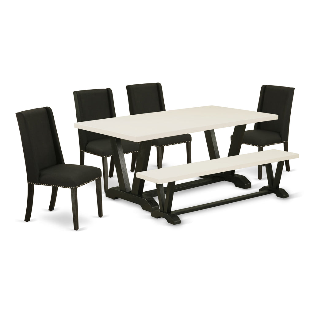 East West Furniture V627FL624-6 6 Piece Dining Room Table Set Contains a Rectangle Kitchen Table with V-Legs and 4 Black Linen Fabric Parson Chairs with a Bench