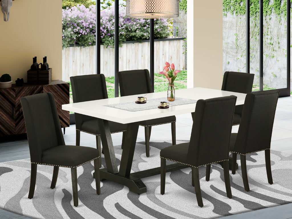 East West Furniture V627FL624-7 7 Piece Modern Dining Table Set Consist of a Rectangle Wooden Table with V-Legs and 6 Black Linen Fabric Parson Dining Chairs