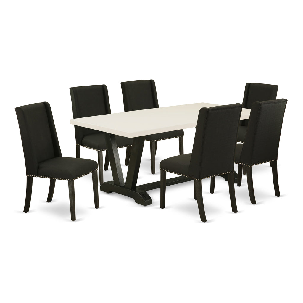 East West Furniture V627FL624-7 7 Piece Modern Dining Table Set Consist of a Rectangle Wooden Table with V-Legs and 6 Black Linen Fabric Parson Dining Chairs