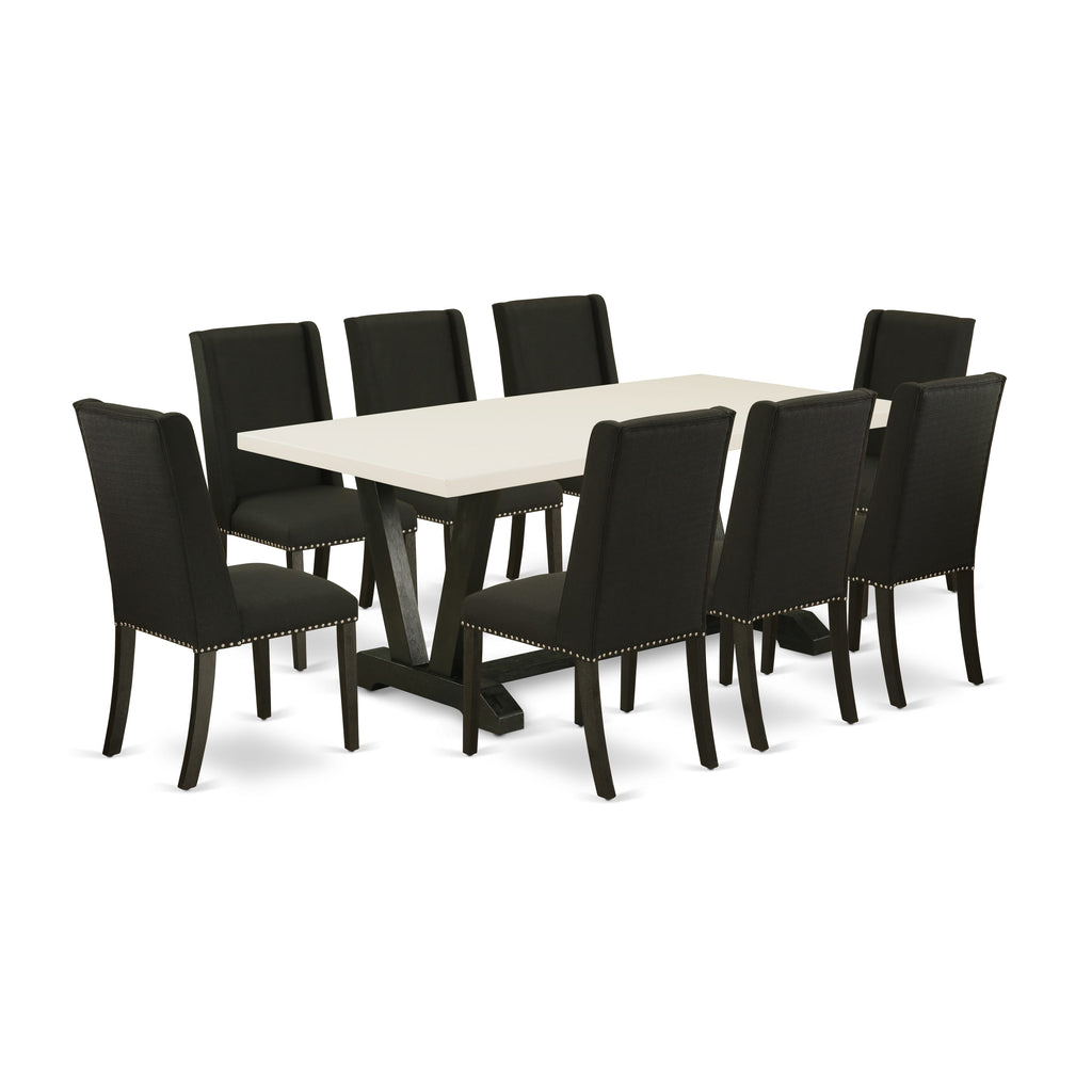 East West Furniture V627FL624-9 9 Piece Dining Set Includes a Rectangle Dining Room Table with V-Legs and 8 Black Linen Fabric Upholstered Parson Chairs