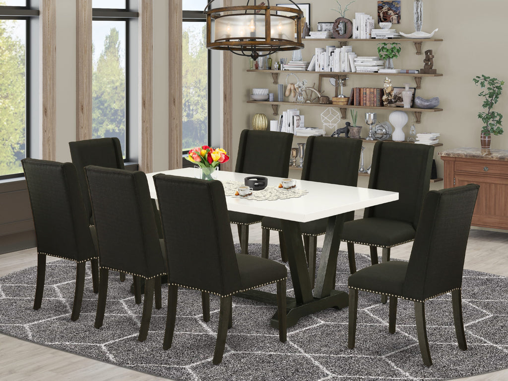 East West Furniture V627FL624-9 9 Piece Dining Set Includes a Rectangle Dining Room Table with V-Legs and 8 Black Linen Fabric Upholstered Parson Chairs