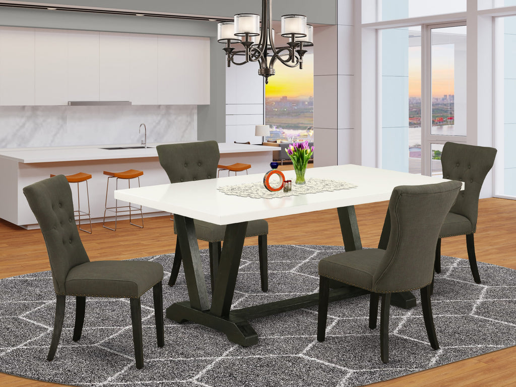 East West Furniture V627GA650-5 5 Piece Dining Room Table Set Includes a Rectangle Kitchen Table with V-Legs and 4 Dark Gotham Linen Fabric Parson Dining Chairs