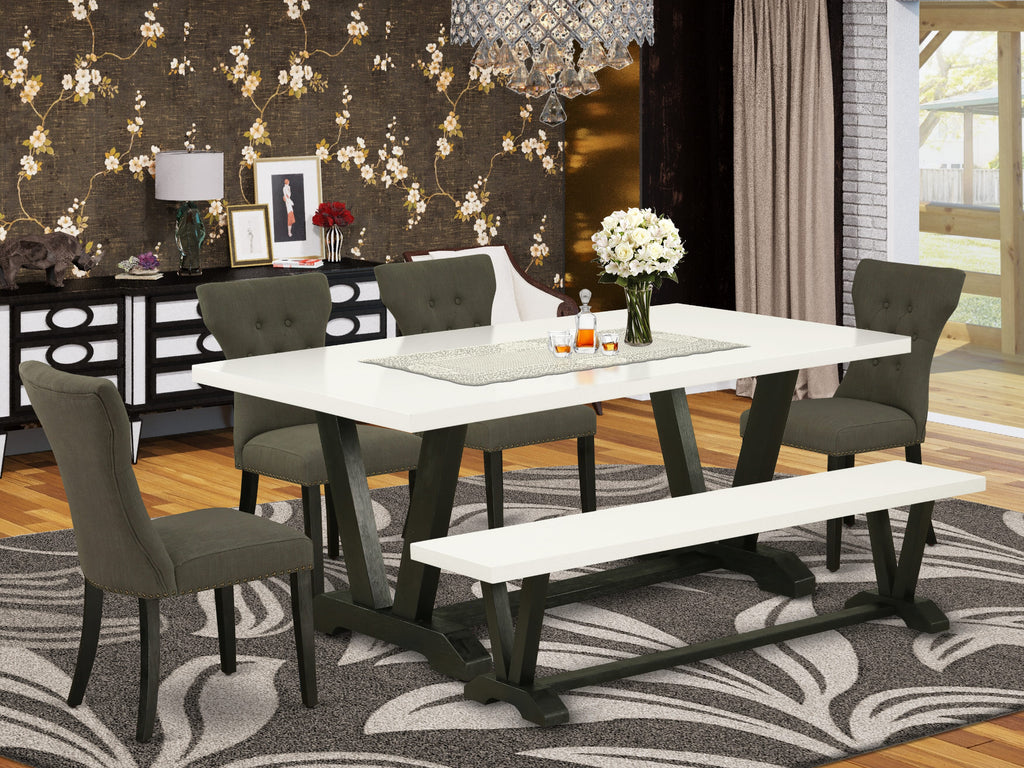 East West Furniture V627GA650-6 6 Piece Dining Table Set Contains a Rectangle Kitchen Table with V-Legs and 4 Dark Gotham Linen Fabric Parson Chairs with a Bench