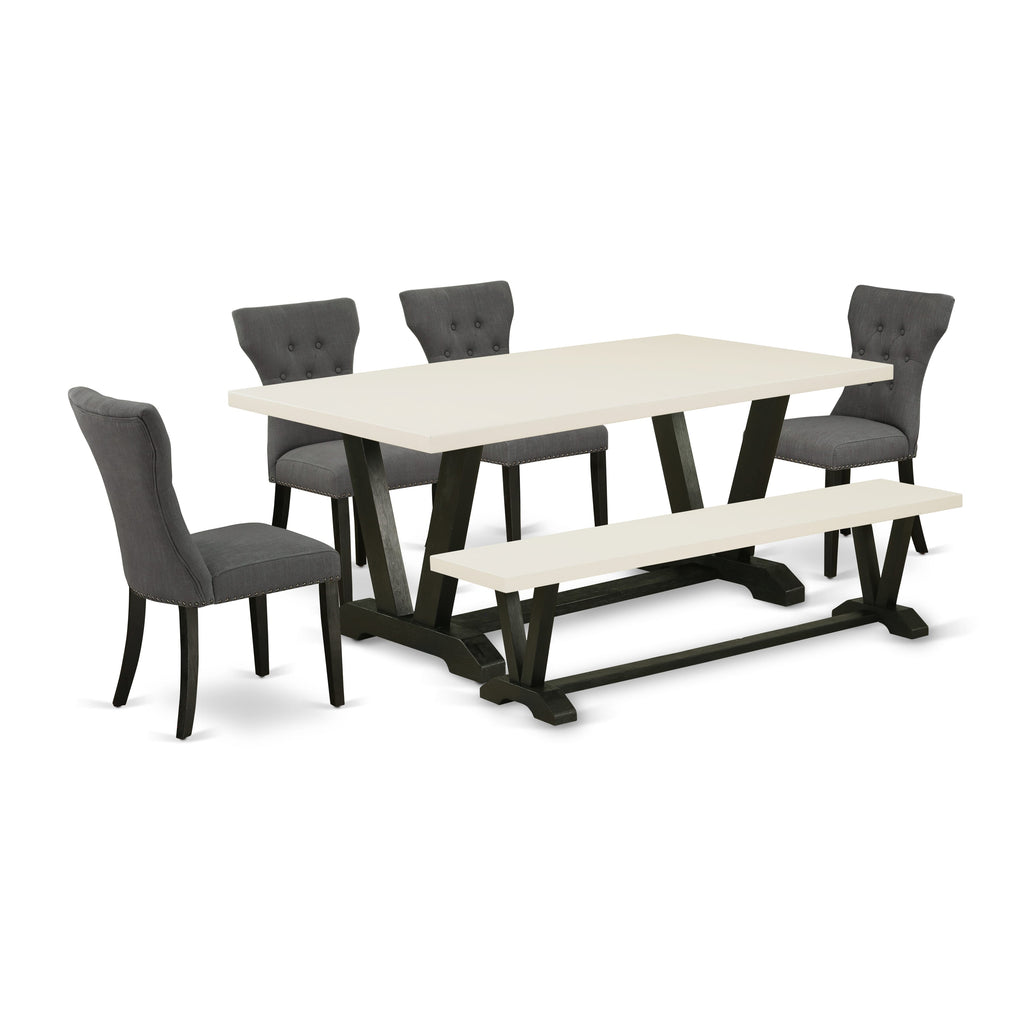 East West Furniture V627GA650-6 6 Piece Dining Table Set Contains a Rectangle Kitchen Table with V-Legs and 4 Dark Gotham Linen Fabric Parson Chairs with a Bench