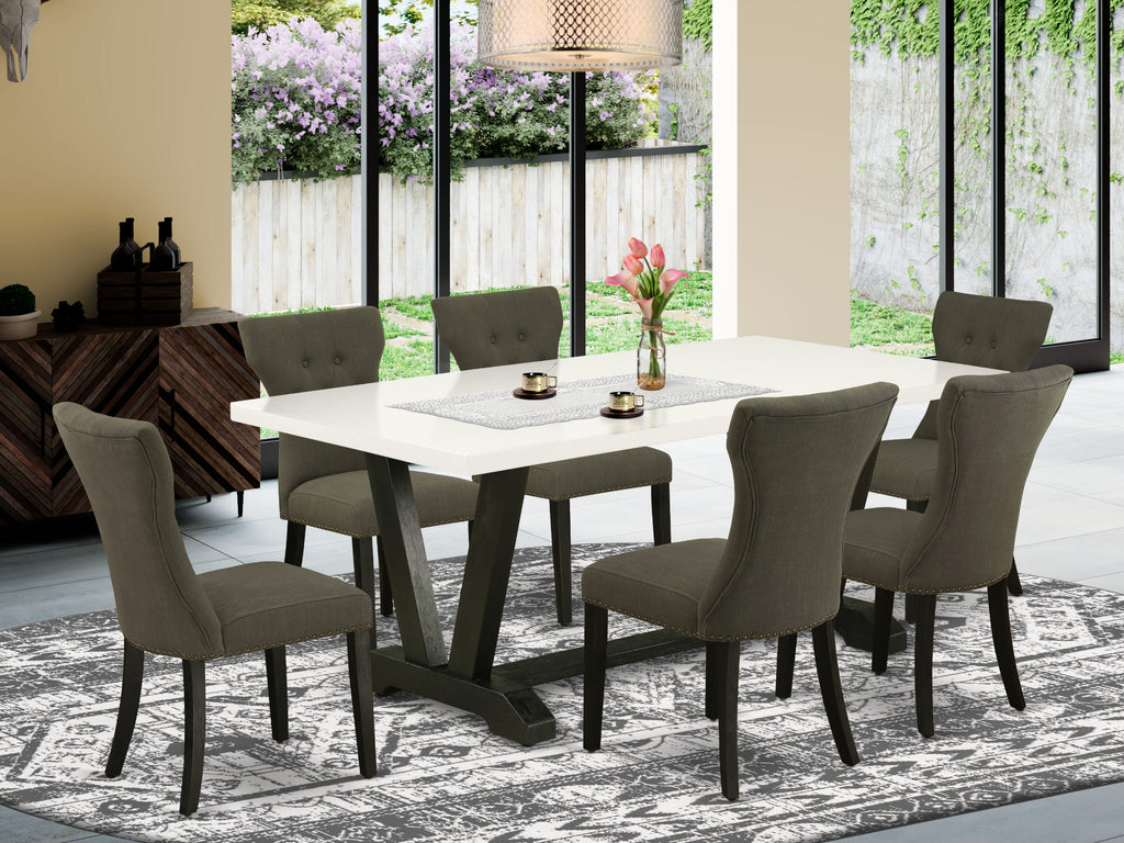 East West Furniture V627GA650-7 7 Piece Kitchen Table Set Consist of a Rectangle Dining Table with V-Legs and 6 Dark Gotham Linen Fabric Parson Dining Chairs