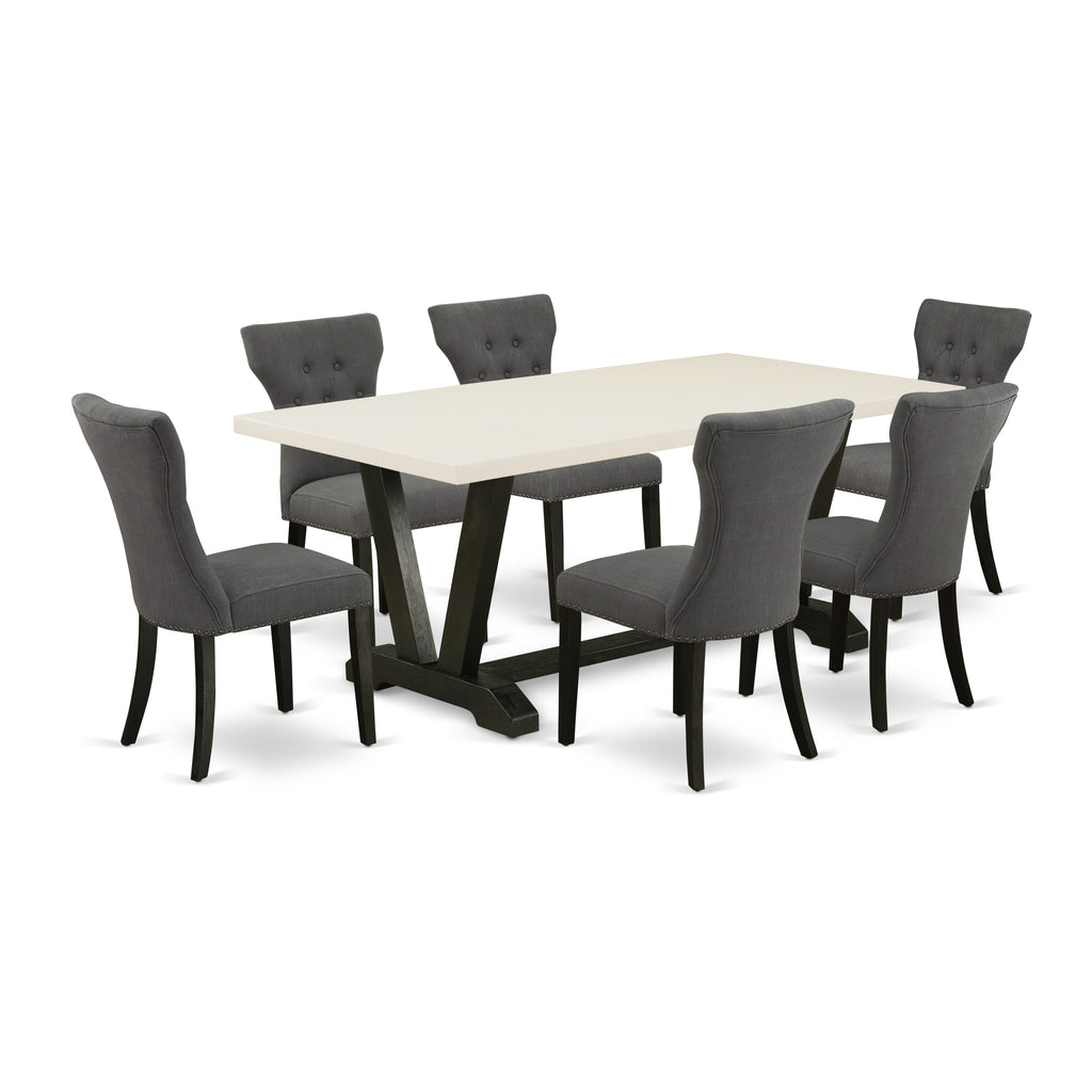 East West Furniture V627GA650-7 7 Piece Kitchen Table Set Consist of a Rectangle Dining Table with V-Legs and 6 Dark Gotham Linen Fabric Parson Dining Chairs