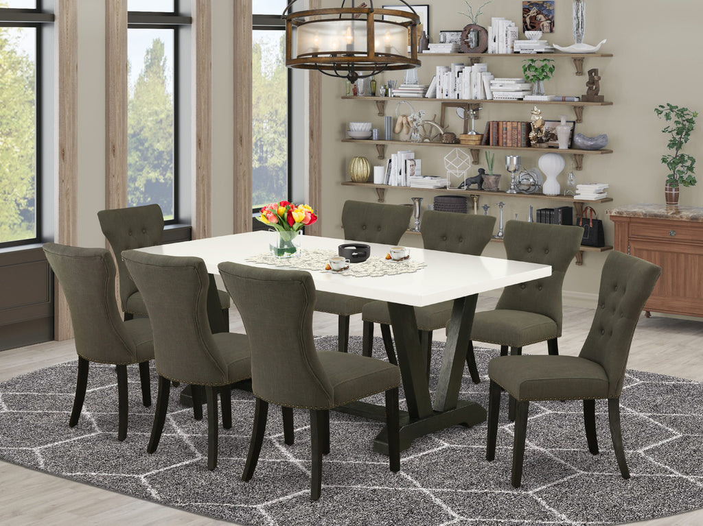 East West Furniture V627GA650-9 9 Piece Dining Table Set Includes a Rectangle Dining Room Table with V-Legs and 8 Dark Gotham Linen Fabric Parsons Chairs