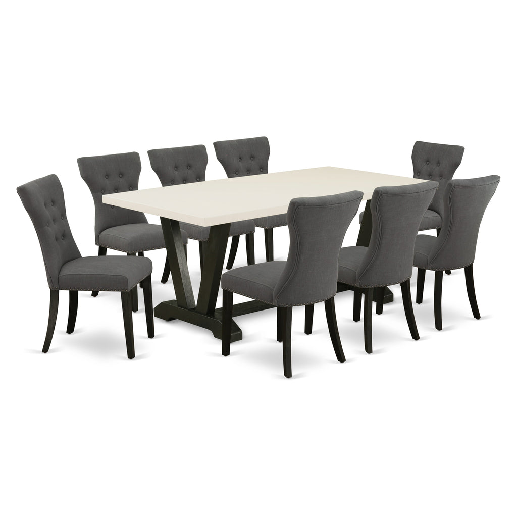 East West Furniture V627GA650-9 9 Piece Dining Table Set Includes a Rectangle Dining Room Table with V-Legs and 8 Dark Gotham Linen Fabric Parsons Chairs