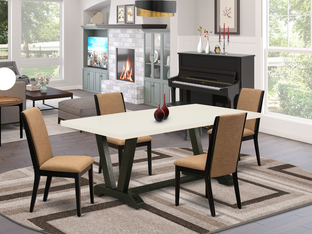 East West Furniture V627LA147-5 5 Piece Dining Table Set Includes a Rectangle Dining Room Table with V-Legs and 4 Light Sable Linen Fabric Parsons Chairs