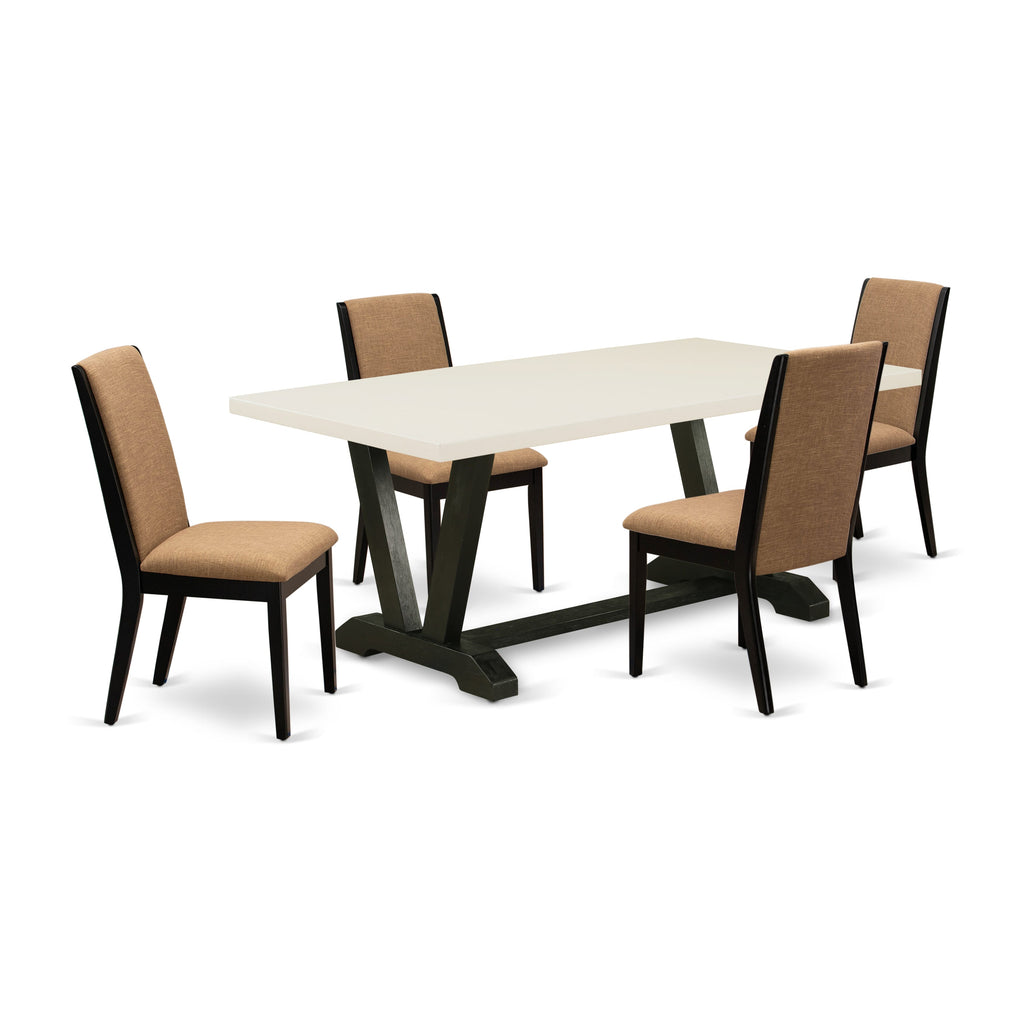 East West Furniture V627LA147-5 5 Piece Dining Table Set Includes a Rectangle Dining Room Table with V-Legs and 4 Light Sable Linen Fabric Parsons Chairs