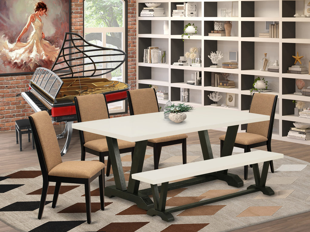 East West Furniture V627LA147-6 6 Piece Modern Dining Table Set Contains a Rectangle Wooden Table and 4 Light Sable Linen Fabric Upholstered Chairs with a Bench