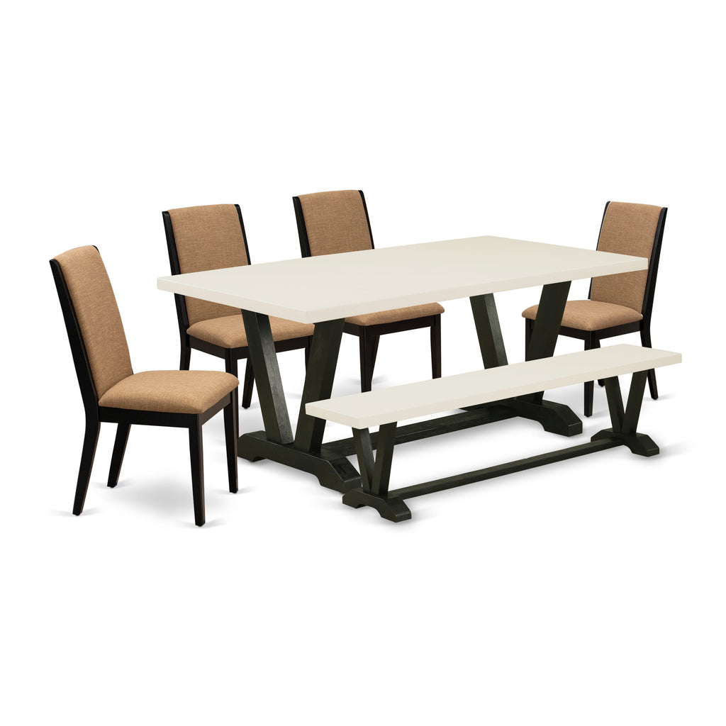 East West Furniture V627LA147-6 6 Piece Modern Dining Table Set Contains a Rectangle Wooden Table and 4 Light Sable Linen Fabric Upholstered Chairs with a Bench