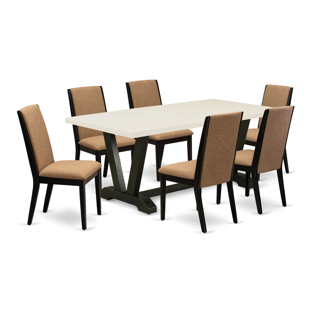 East West Furniture V627LA147-7 7 Piece Modern Dining Table Set Consist of a Rectangle Wooden Table with V-Legs and 6 Light Sable Linen Fabric Upholstered Chairs