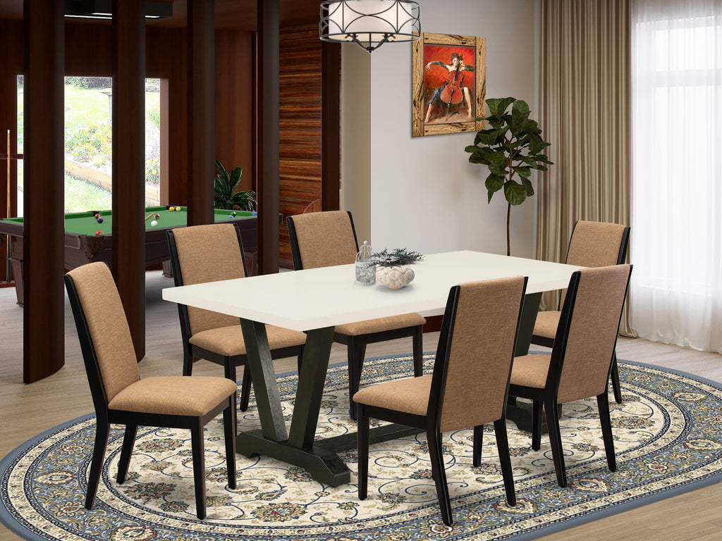 East West Furniture V627LA147-7 7 Piece Modern Dining Table Set Consist of a Rectangle Wooden Table with V-Legs and 6 Light Sable Linen Fabric Upholstered Chairs