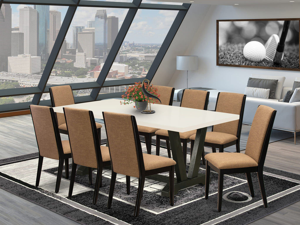 East West Furniture V627LA147-9 9 Piece Dining Table Set Includes a Rectangle Kitchen Table with V-Legs and 8 Light Sable Linen Fabric Parson Dining Room Chairs