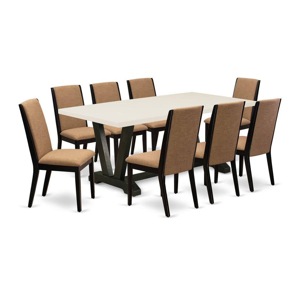 East West Furniture V627LA147-9 9 Piece Dining Table Set Includes a Rectangle Kitchen Table with V-Legs and 8 Light Sable Linen Fabric Parson Dining Room Chairs