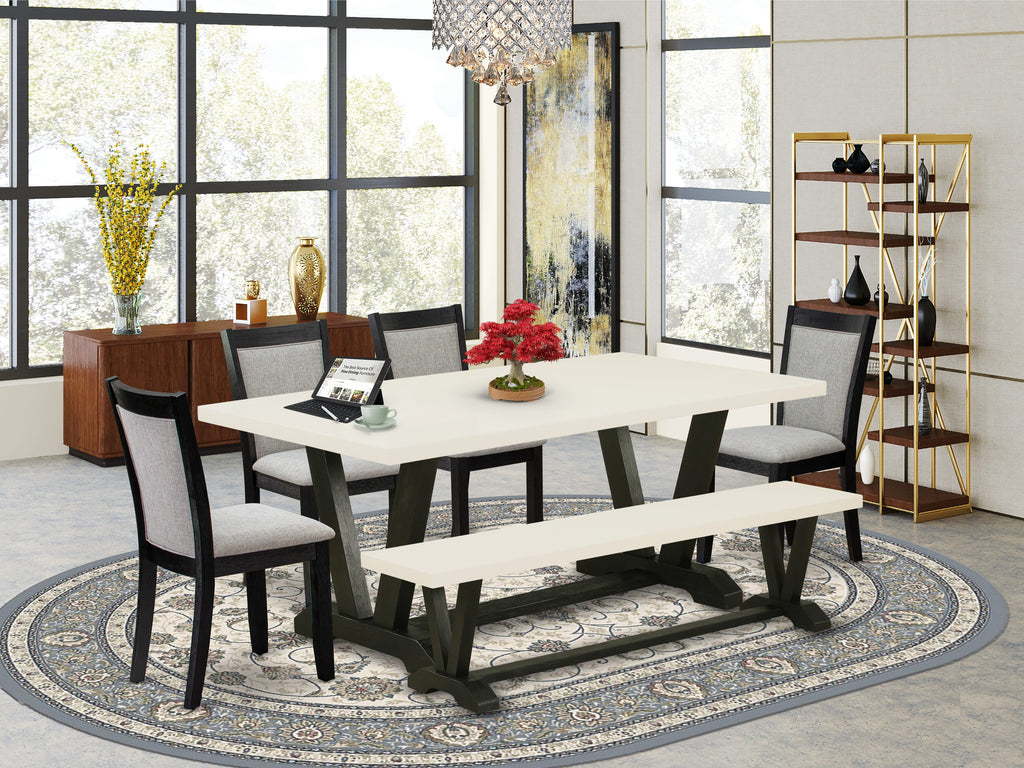 East West Furniture V627MZ606-6 6 Piece Dining Set Contains a Rectangle Dining Room Table with V-Legs and 4 Shitake Linen Fabric Parson Chairs with a Bench