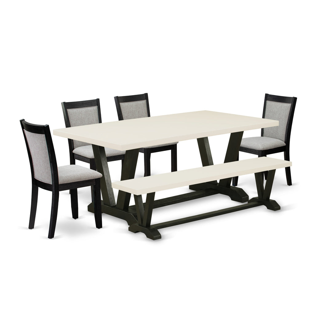 East West Furniture V627MZ606-6 6 Piece Dining Set Contains a Rectangle Dining Room Table with V-Legs and 4 Shitake Linen Fabric Parson Chairs with a Bench