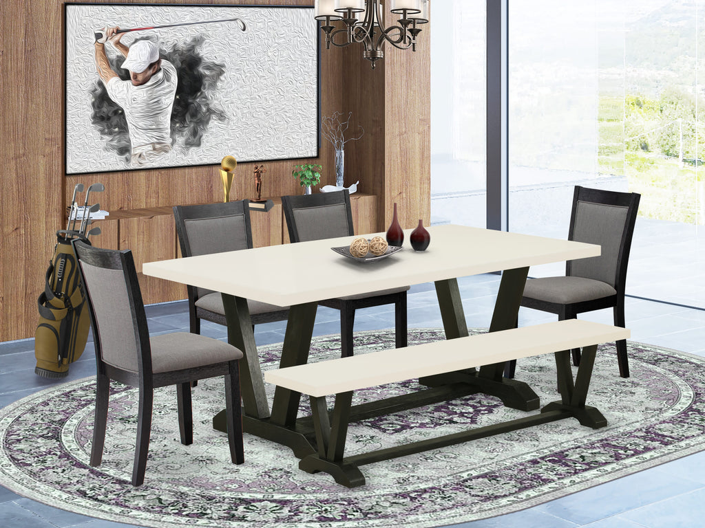 East West Furniture V627MZ650-6 6 Piece Modern Dining Table Set Contains a Rectangle Wooden Table and 4 Dark Gotham Grey Linen Fabric Parson Chairs with a Bench