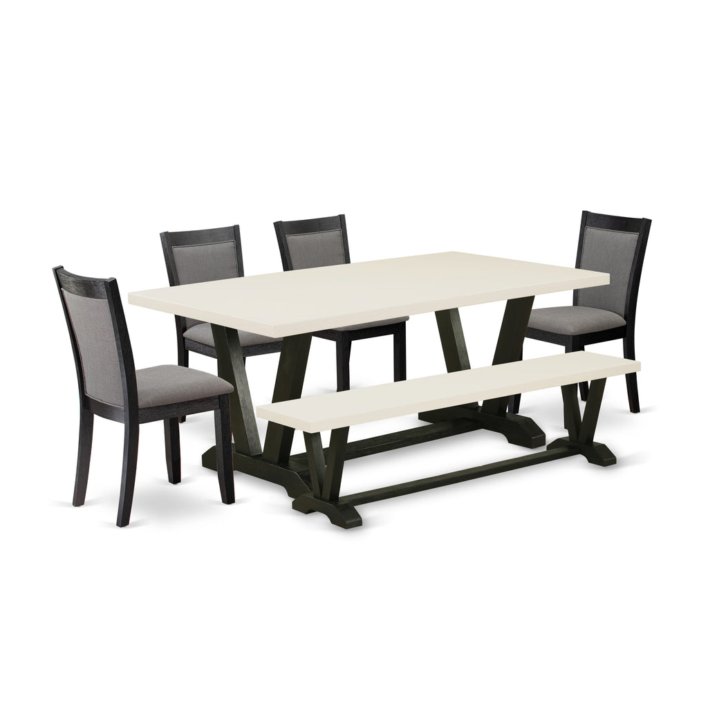 East West Furniture V627MZ650-6 6 Piece Modern Dining Table Set Contains a Rectangle Wooden Table and 4 Dark Gotham Grey Linen Fabric Parson Chairs with a Bench