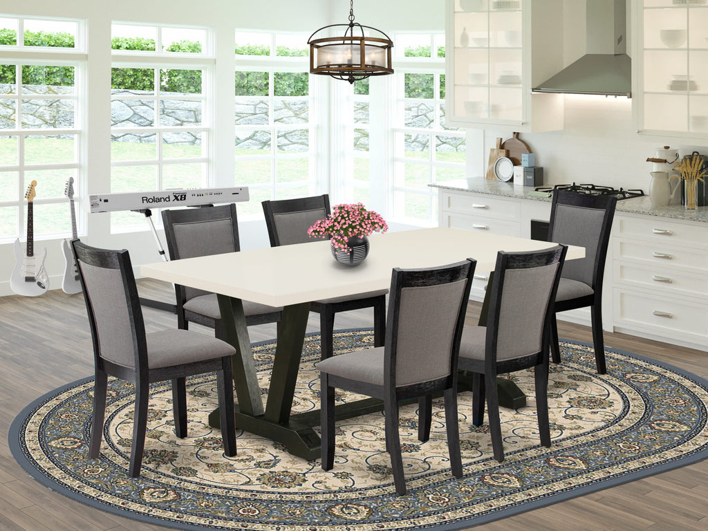 East West Furniture V627MZ650-7 7 Piece Dining Table Set Consist of a Rectangle Kitchen Table with V-Legs and 6 Dark Gotham Grey Linen Fabric Parson Chairs