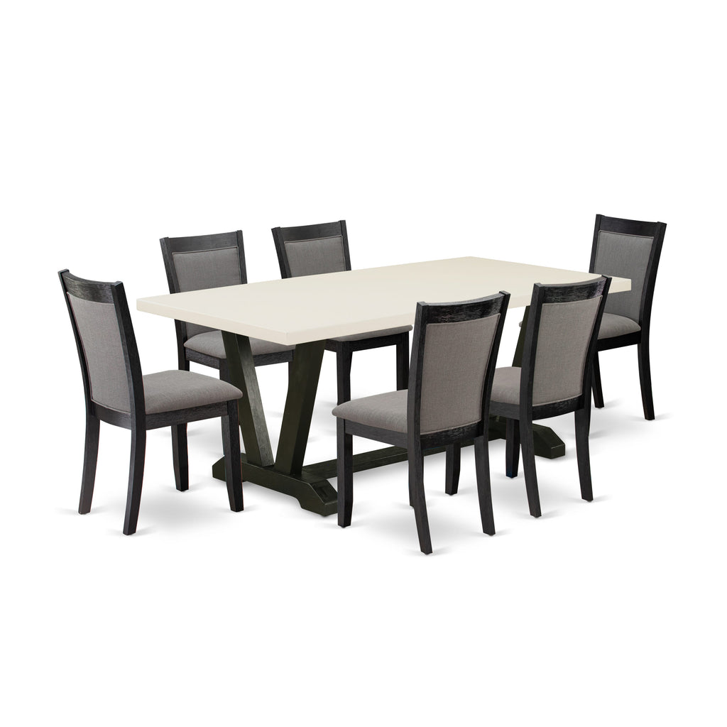 East West Furniture V627MZ650-7 7 Piece Dining Table Set Consist of a Rectangle Kitchen Table with V-Legs and 6 Dark Gotham Grey Linen Fabric Parson Chairs