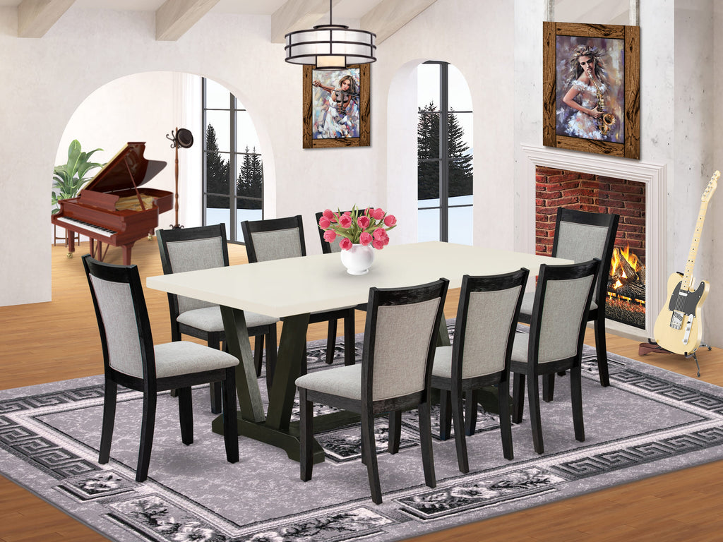 East West Furniture V627MZ650-9 9 Piece Kitchen Table Set Includes a Rectangle Dining Room Table with V-Legs and 8 Dark Gotham Grey Linen Fabric Parsons Chairs