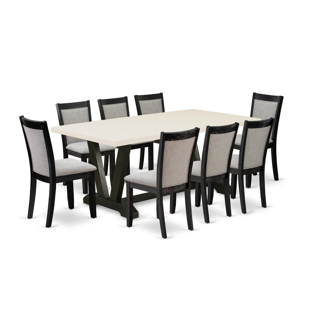 East West Furniture V627MZ650-9 9 Piece Kitchen Table Set Includes a Rectangle Dining Room Table with V-Legs and 8 Dark Gotham Grey Linen Fabric Parsons Chairs