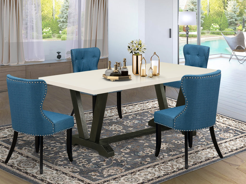 East West Furniture V627SI121-5 5 Piece Kitchen Table & Chairs Set Includes a Rectangle Dining Table with V-Legs and 4 Blue Linen Fabric Parson Dining Chairs