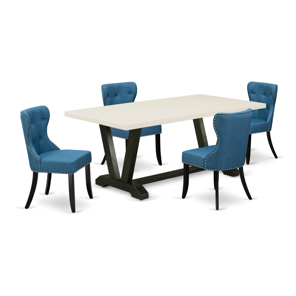 East West Furniture V627SI121-5 5 Piece Kitchen Table & Chairs Set Includes a Rectangle Dining Table with V-Legs and 4 Blue Linen Fabric Parson Dining Chairs