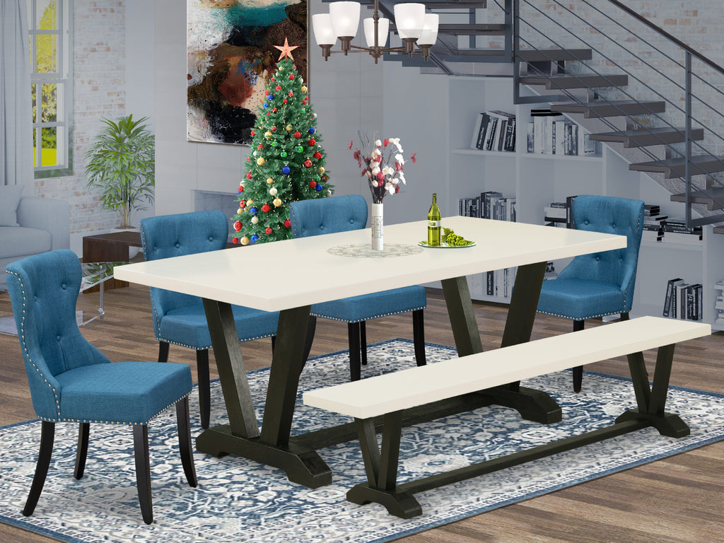 East West Furniture V627SI121-6 6 Piece Dining Table Set Contains a Rectangle Dining Room Table with V-Legs and 4 Blue Linen Fabric Parson Chairs with a Bench