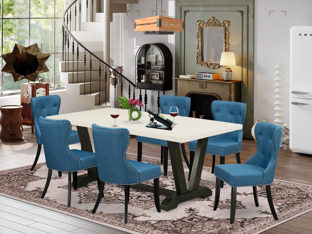 East West Furniture V627SI121-7 7 Piece Dining Table Set Consist of a Rectangle Dining Room Table with V-Legs and 6 Blue Linen Fabric Parsons Chairs