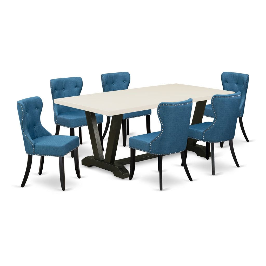 East West Furniture V627SI121-7 7 Piece Dining Table Set Consist of a Rectangle Dining Room Table with V-Legs and 6 Blue Linen Fabric Parsons Chairs