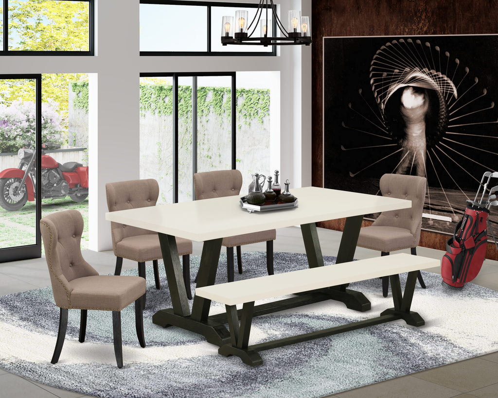 East West Furniture V627SI648-6 6 Piece Kitchen Table Set Contains a Rectangle Dining Table with V-Legs and 4 Coffee Linen Fabric Parson Chairs with a Bench