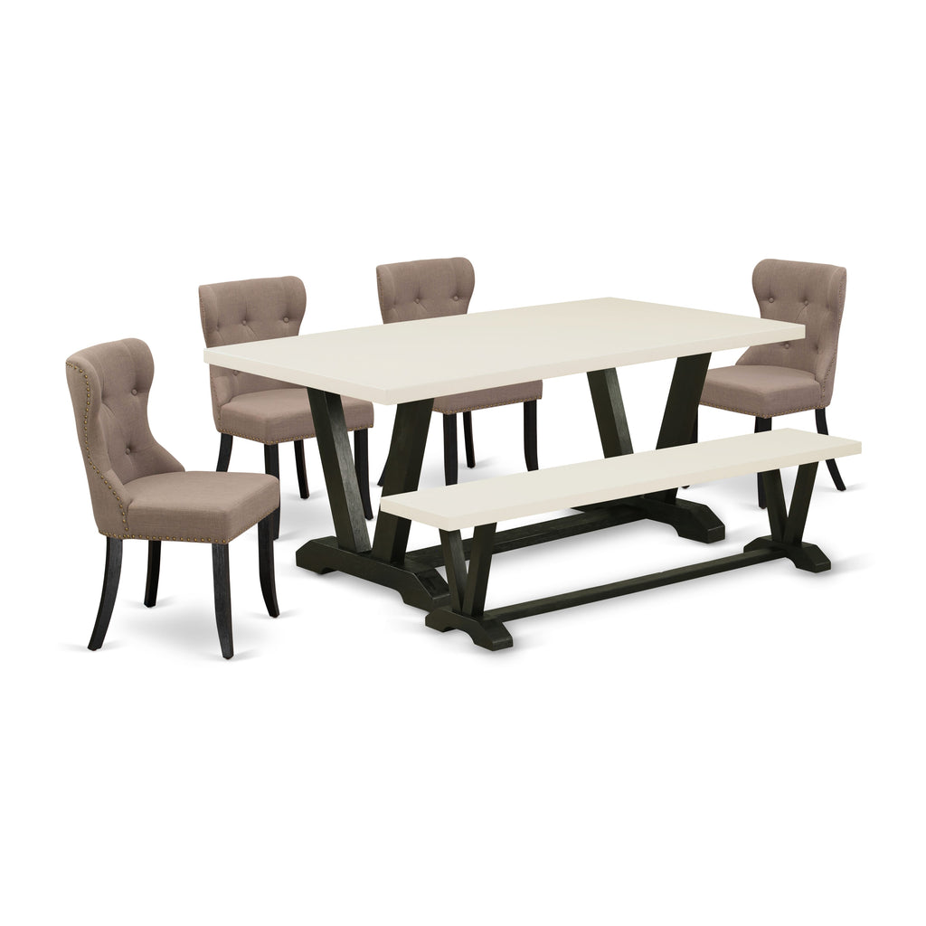 East West Furniture V627SI648-6 6 Piece Kitchen Table Set Contains a Rectangle Dining Table with V-Legs and 4 Coffee Linen Fabric Parson Chairs with a Bench