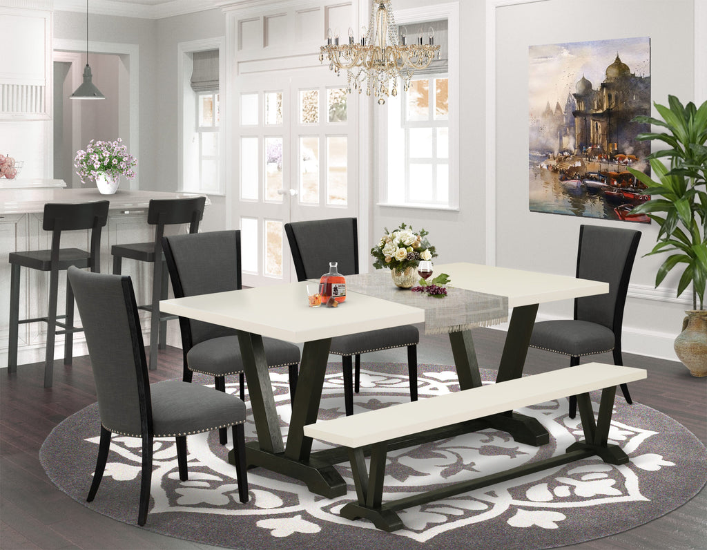 East West Furniture V627VE650-6 6 Piece Dining Table Set Contains a Rectangle Wooden Table with V-Legs and 4 Dark Gotham Linen Fabric Parson Chairs with a Bench