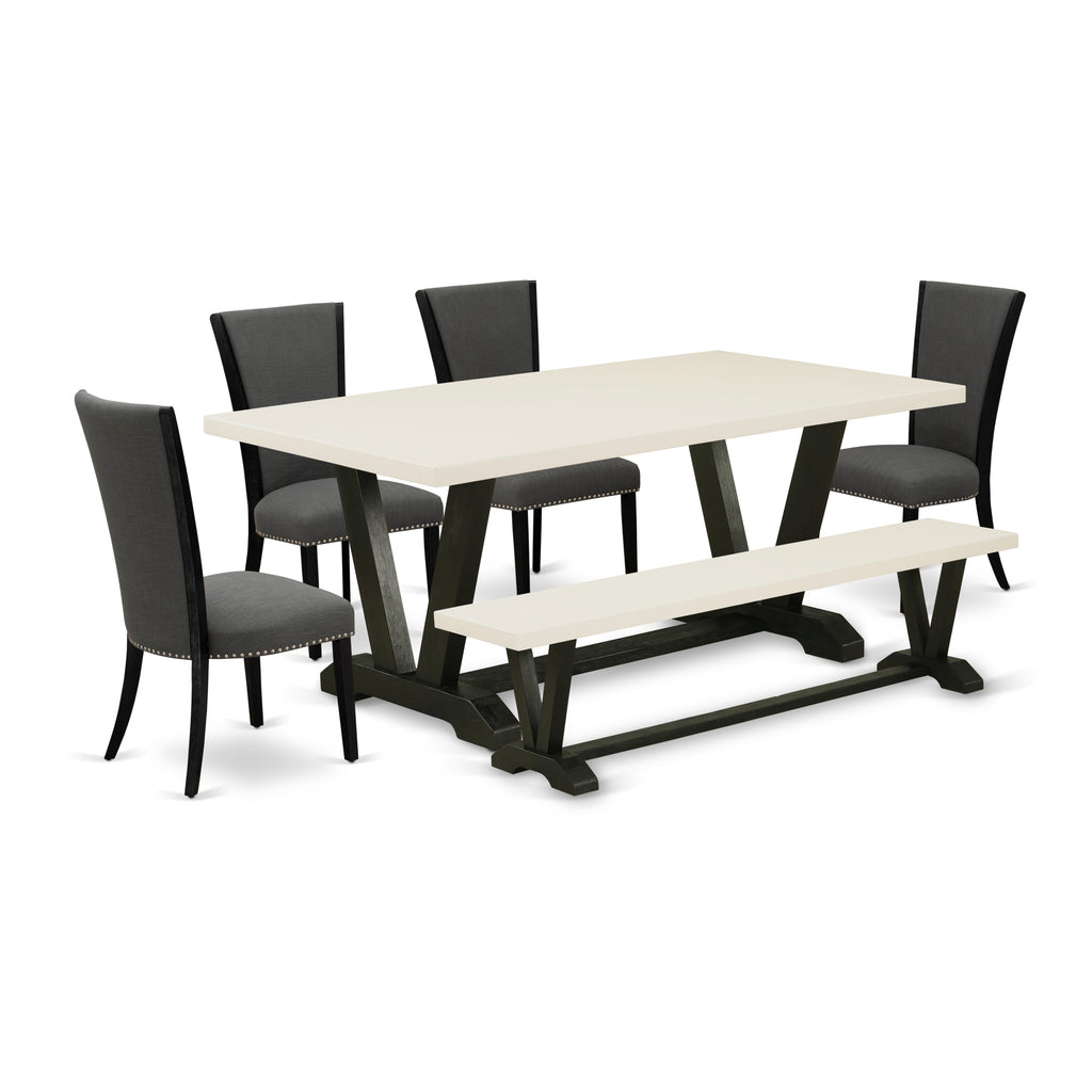 East West Furniture V627VE650-6 6 Piece Dining Table Set Contains a Rectangle Wooden Table with V-Legs and 4 Dark Gotham Linen Fabric Parson Chairs with a Bench