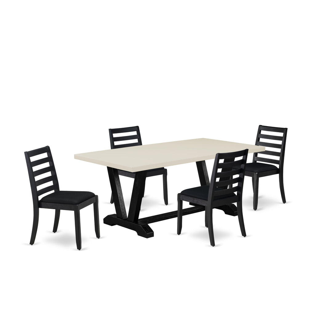 East West Furniture V627X1624-5 5-piece Dining Room Table Set included a Rectangular Kitchen Table and 4 Black Linen Fabric stackable Chair, Wire Brushed Black Finish.