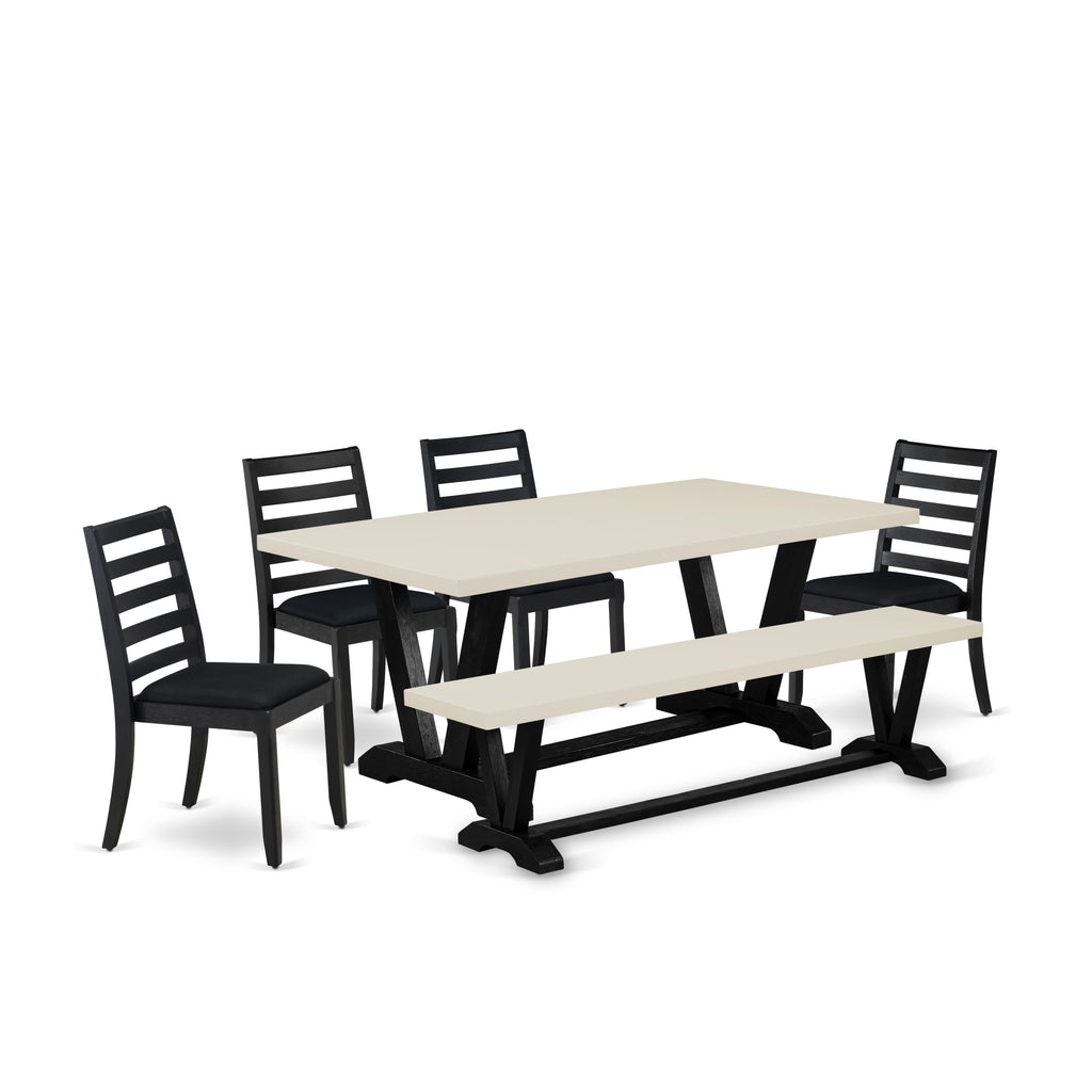 East West Furniture V627X1624-6 - 6-piece Dining table set included a table and bench with a Linen White top, 4 stackable chairs with Black Linen Fabric - Wire-brushed Black