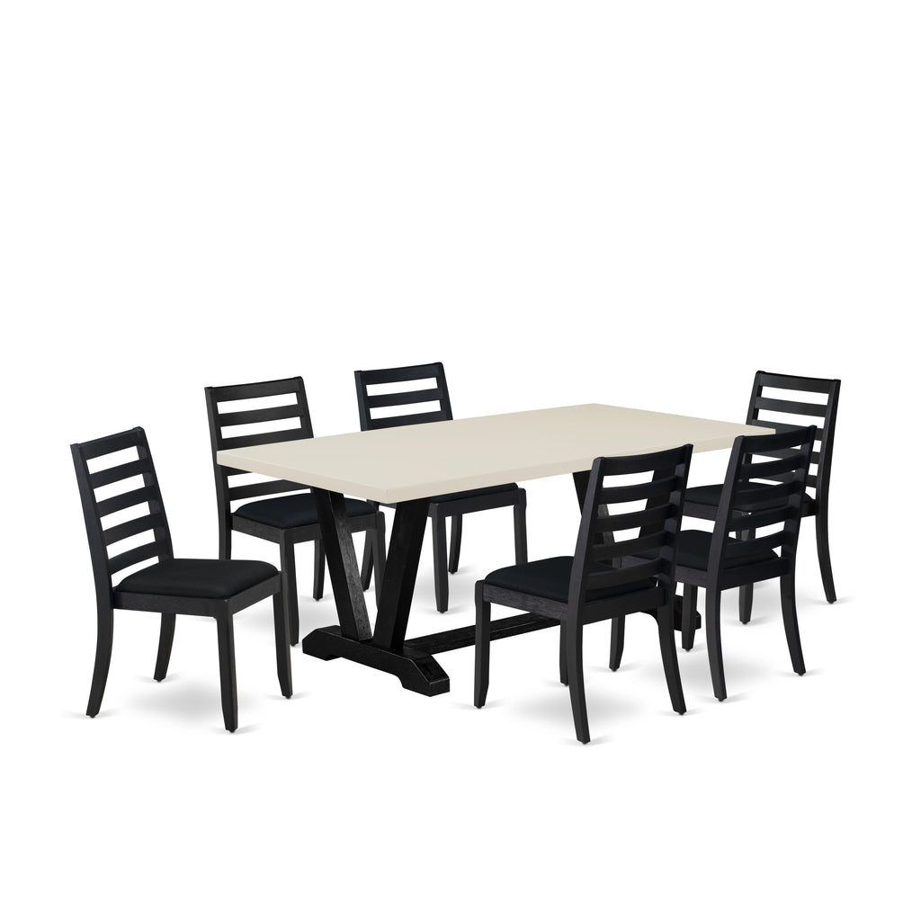 East West Furniture V627X1624-7 7-piece Kitchen Table set consists of a Rectangular Kitchen Table and 6 Black Linen Fabric stackable Chair, Wire Brushed Black Finish.