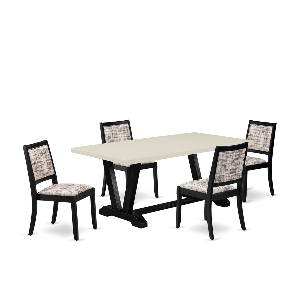 East West Furniture V627X2630-5 - 5-piece kitchen table set consists of a table with Linen White tabletop and 4 stackable chairs with White and Gray Pattern Faux Leather - Wire-brushed Black